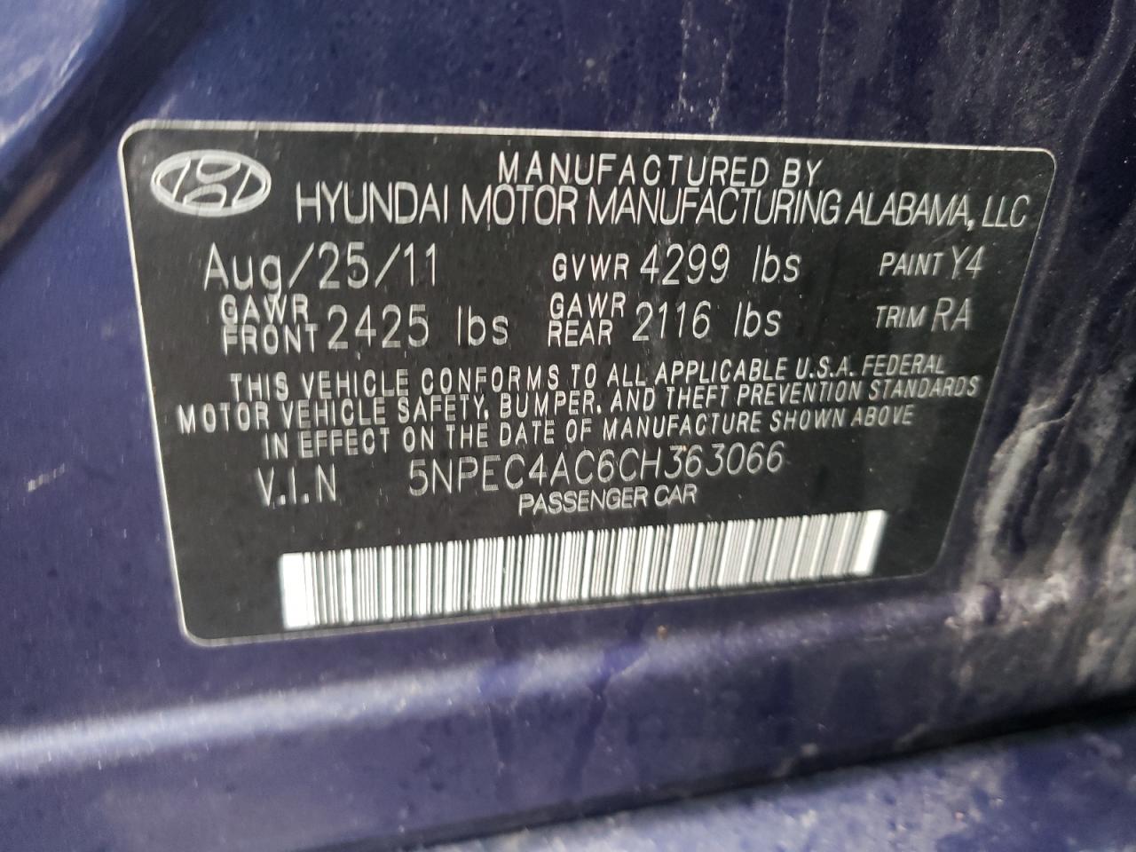 Photo 10 from auction – 2012 HYUNDAI SONATA SE with VIN 5NPEC4AC6CH363066