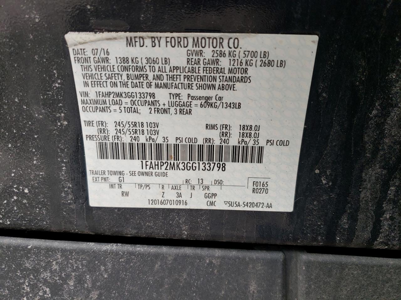 Photo 10 from auction – 2016 FORD TAURUS POL with VIN 1FAHP2MK3GG133798