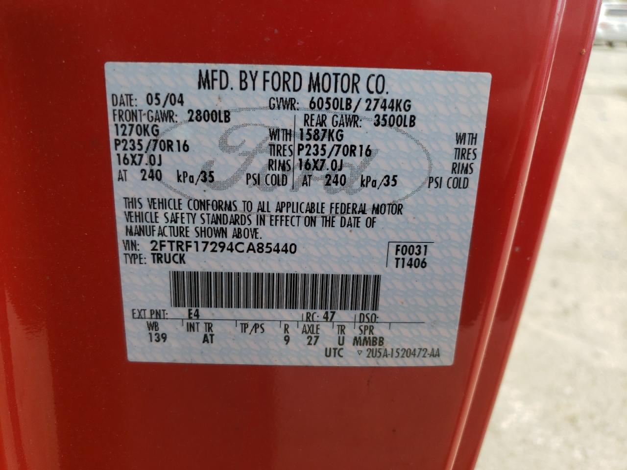 Photo 10 from auction – 2004 FORD F150 2WD with VIN 2FTRF17294CA85440