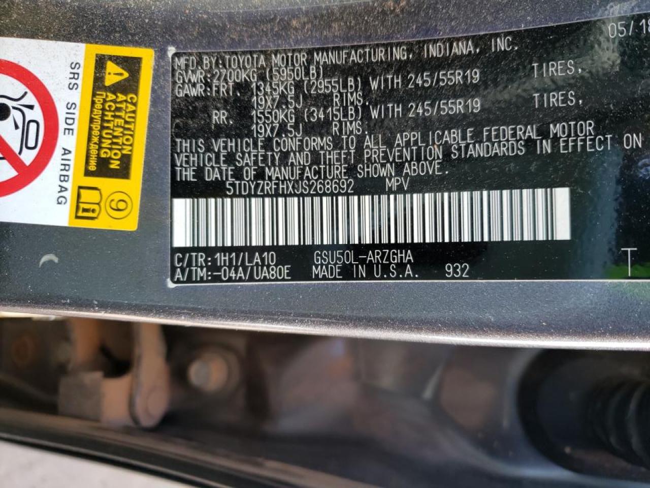 Foto 10 de la subasta – 2018 TOYOTA HIGHLANDER con VIN 5TDYZRFHXJS268692