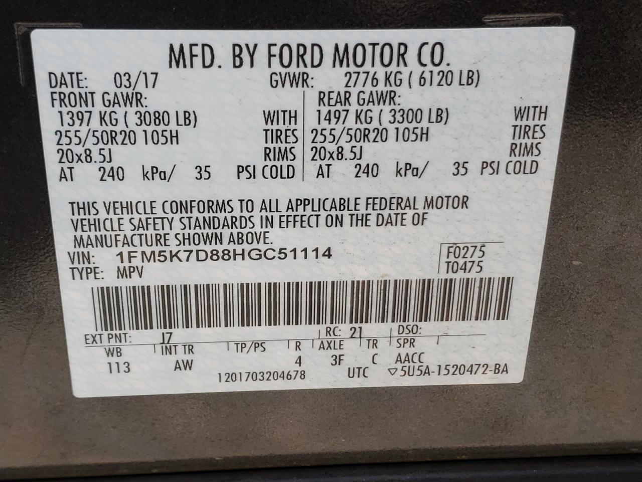 Photo 10 from auction – 2017 FORD EXPLORER X with VIN 1FM5K7D88HGC51114