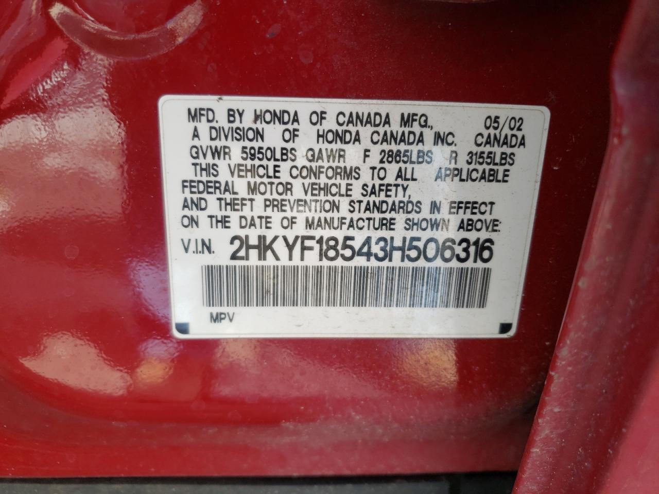 Photo 10 from auction – 2003 HONDA PILOT EXL with VIN 2HKYF18543H506316