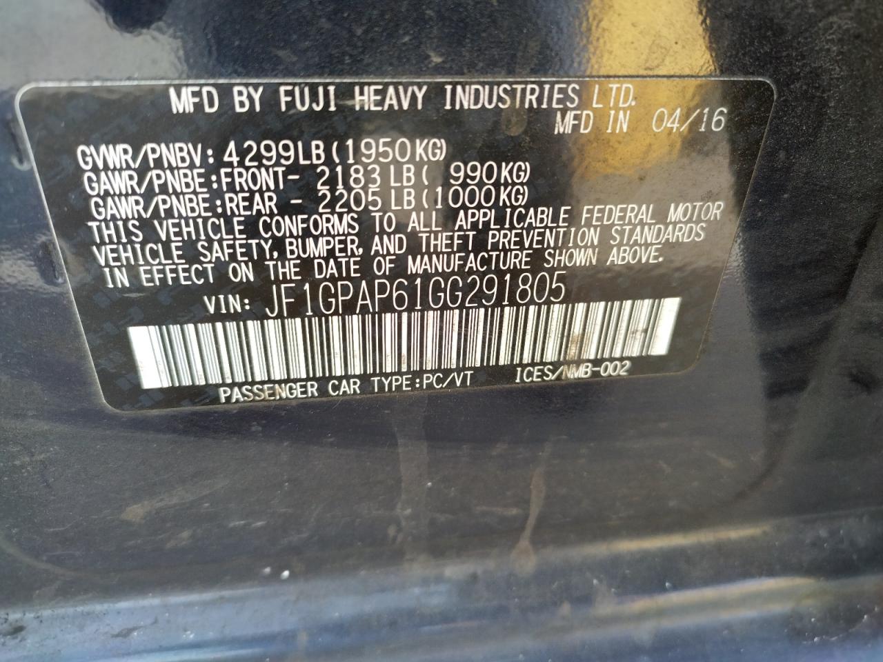 Photo 10 from auction – 2016 SUBARU IMPREZA SP with VIN JF1GPAP61GG291805