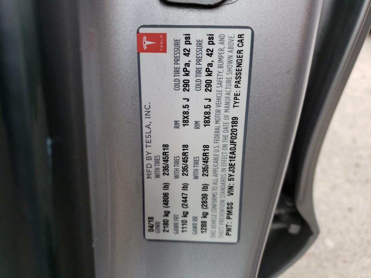 Photo 10 from auction – 2018 TESLA MODEL 3 with VIN 5YJ3E1EA0JF020189