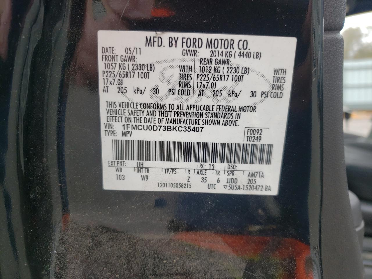 Photo 10 from auction – 2011 FORD ESCAPE XLT with VIN 1FMCU0D73BKC35407