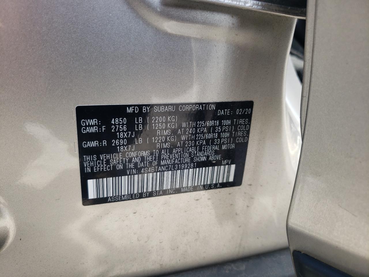 Photo 10 from auction – 2020 SUBARU OUTBACK LI with VIN 4S4BTANC7L3199281