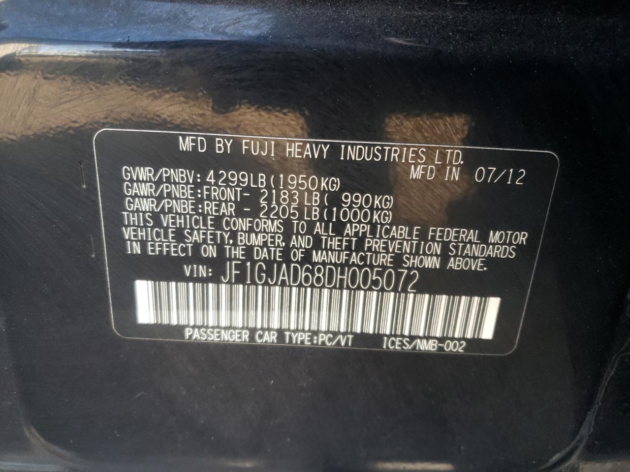 Photo 10 from auction – 2013 SUBARU IMPREZA PR with VIN JF1GJAD68DH005072