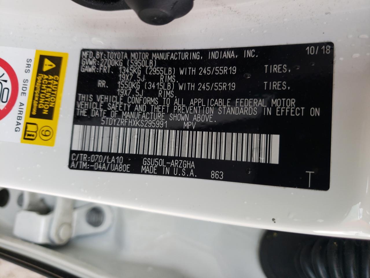 Photo 10 from auction – 2019 TOYOTA HIGHLANDER with VIN 5TDYZRFHXKS295991