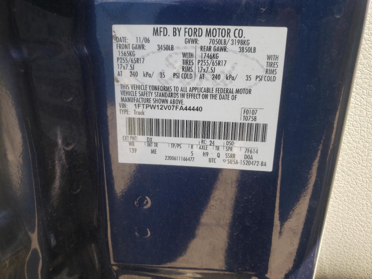 Photo 10 from auction – 2007 FORD F150 SUPER with VIN 1FTPW12V07FA44440