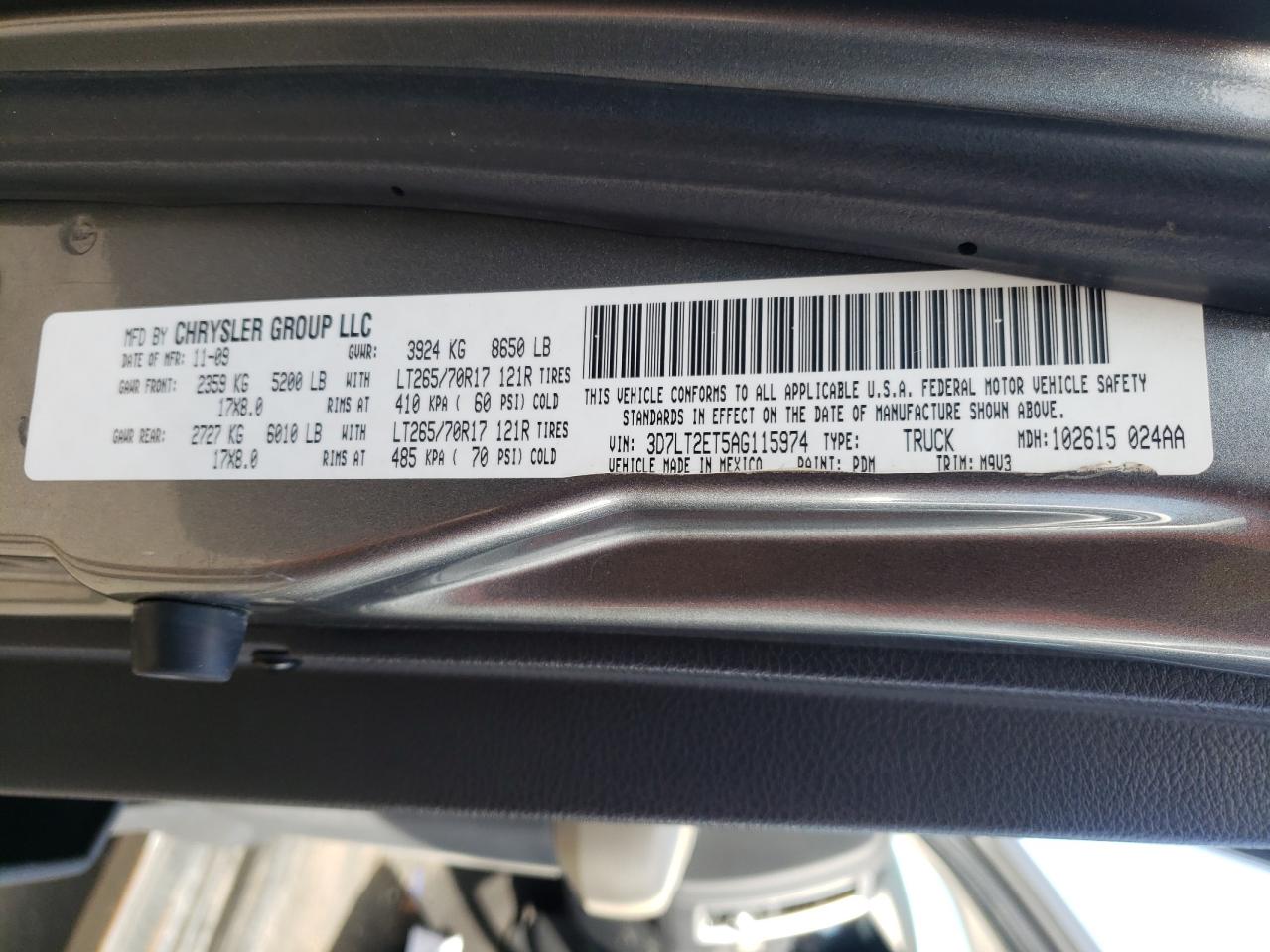Photo 10 from auction – 2010 DODGE RAM 2500 with VIN 3D7LT2ET5AG115974