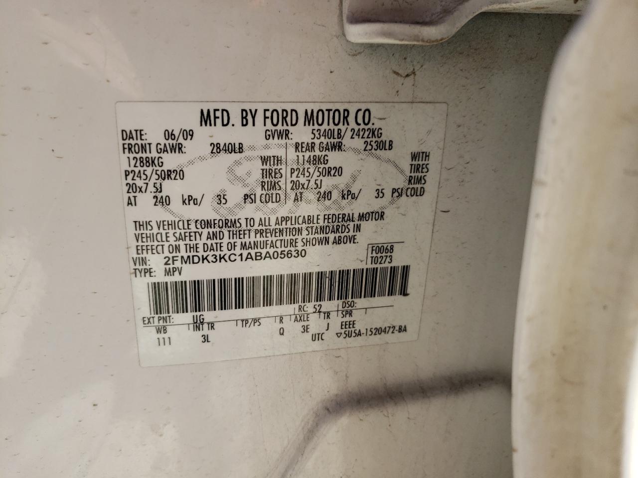Photo 10 from auction – 2010 FORD EDGE LIMIT with VIN 2FMDK3KC1ABA05630