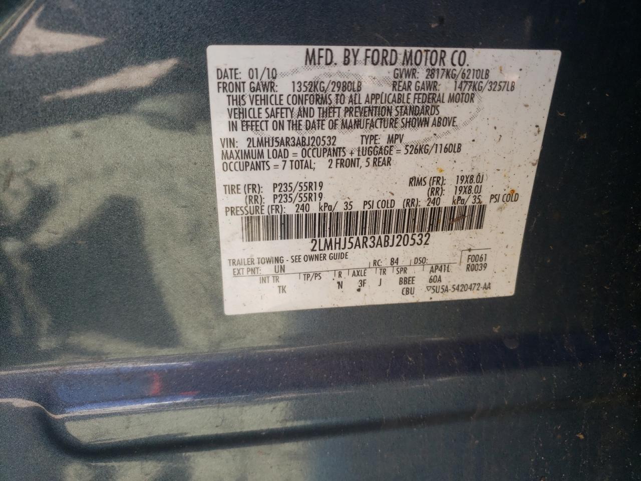 Photo 10 from auction – 2010 LINCOLN MKT with VIN 2LMHJ5AR3ABJ20532