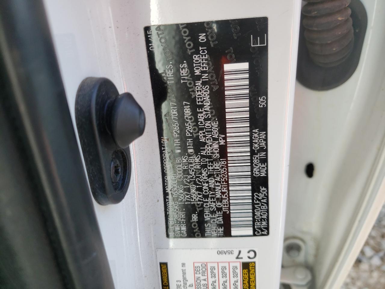 Photo 10 from auction – 2015 TOYOTA 4RUNNER SR with VIN JTEBU5JR1F5235781