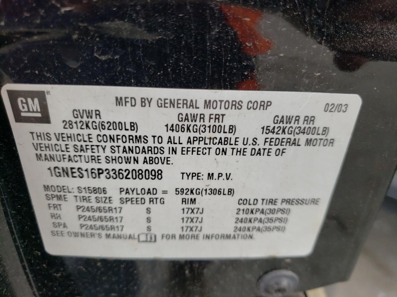 Photo 10 from auction – 2003 CHEVROLET TRAILBLAZE with VIN 1GNES16P336208098