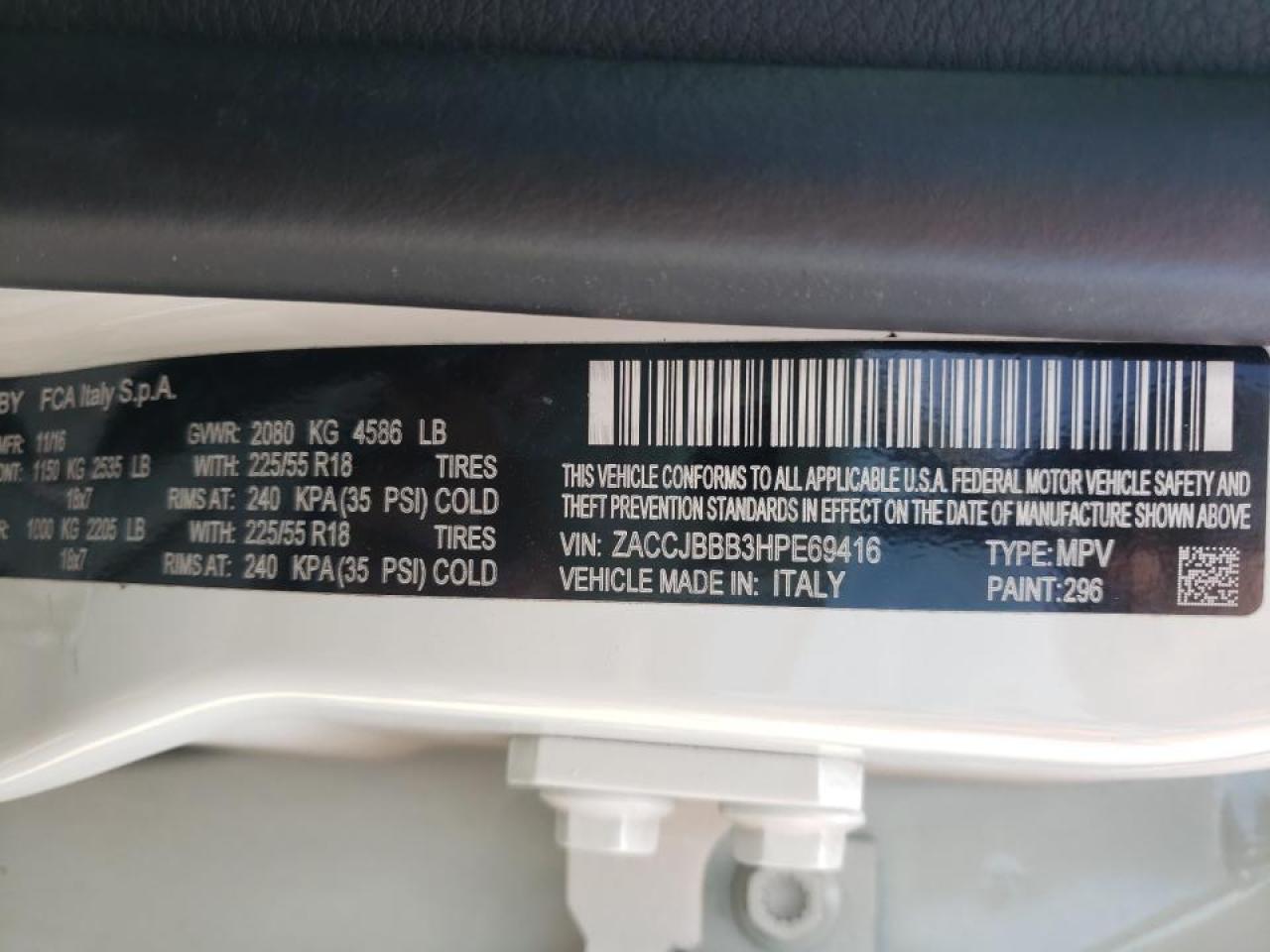 Photo 10 from auction – 2017 JEEP RENEGADE L with VIN ZACCJBBB3HPE69416