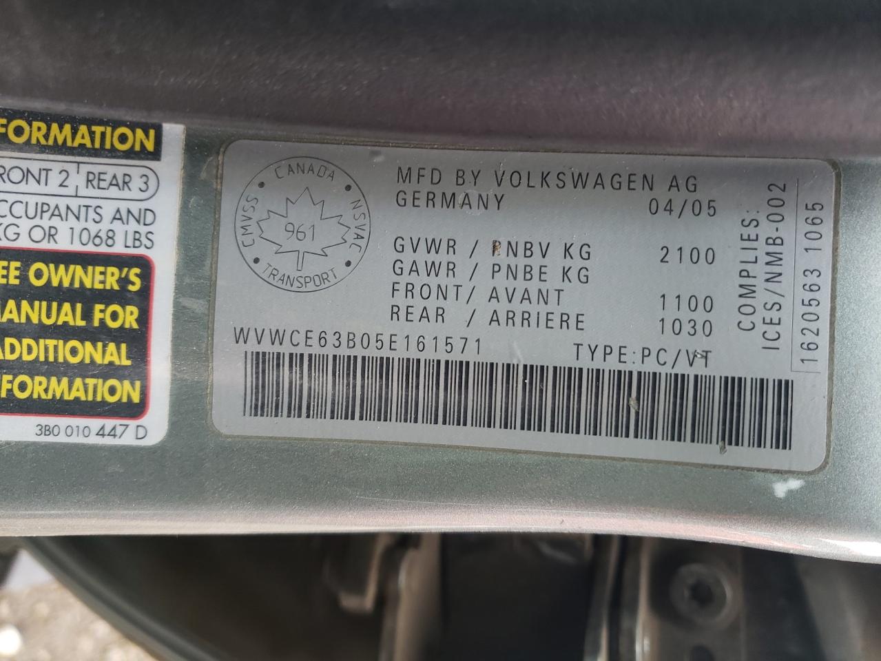 Photo 10 from auction – 2005 VOLKSWAGEN PASSAT GLS with VIN WVWCE63B05E161571
