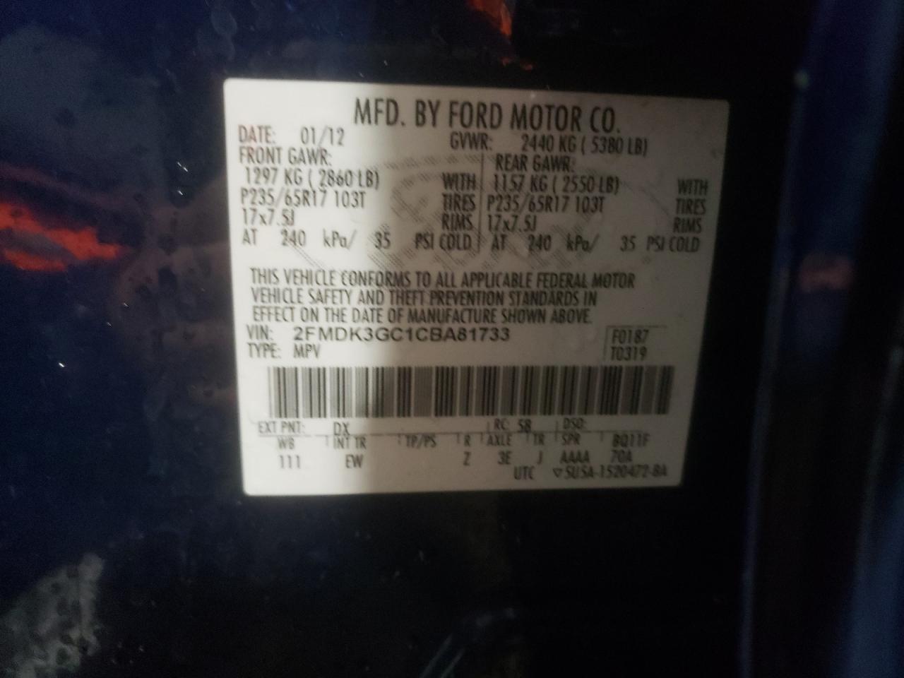 Photo 10 from auction – 2012 FORD EDGE SE with VIN 2FMDK3GC1CBA81733