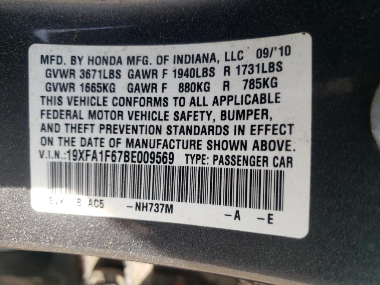 Photo 10 from auction – 2011 HONDA CIVIC LX-S with VIN 19XFA1F67BE009569