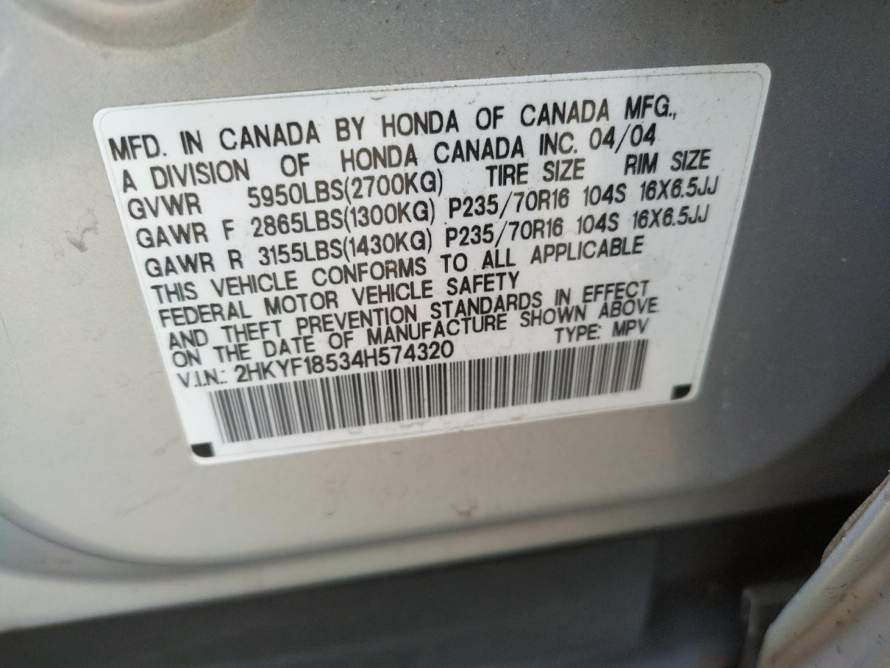 Photo 10 from auction – 2004 HONDA PILOT EXL with VIN 2HKYF18534H574320