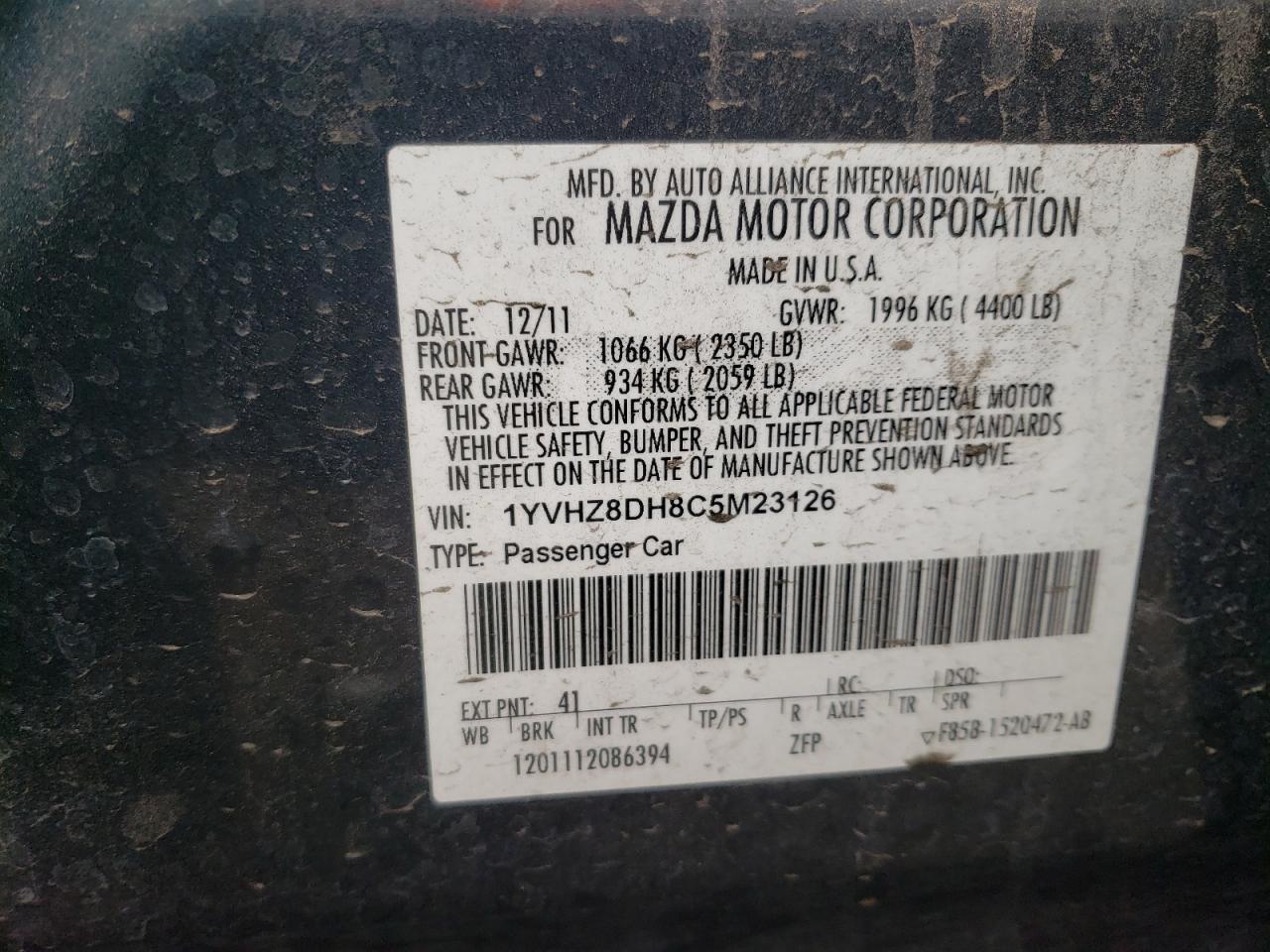 Photo 10 from auction – 2012 MAZDA 6 I with VIN 1YVHZ8DH8C5M23126