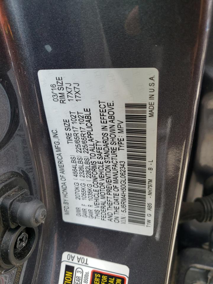 Photo 10 from auction – 2016 HONDA CR-V EX with VIN 5J6RM4H50GL062343