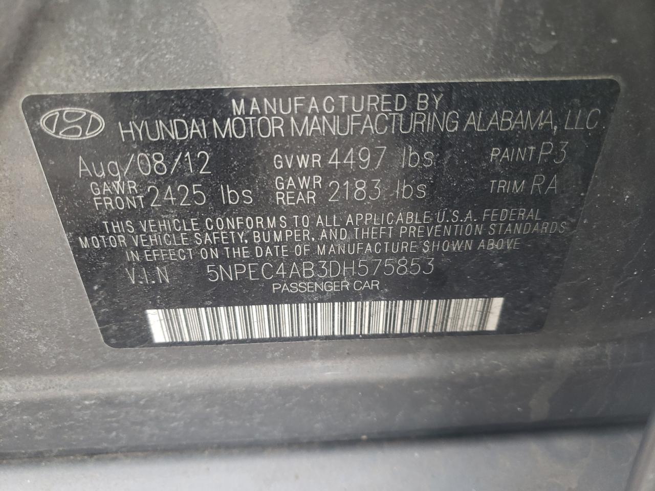 Photo 10 from auction – 2013 HYUNDAI SONATA SE with VIN 5NPEC4AB3DH575853