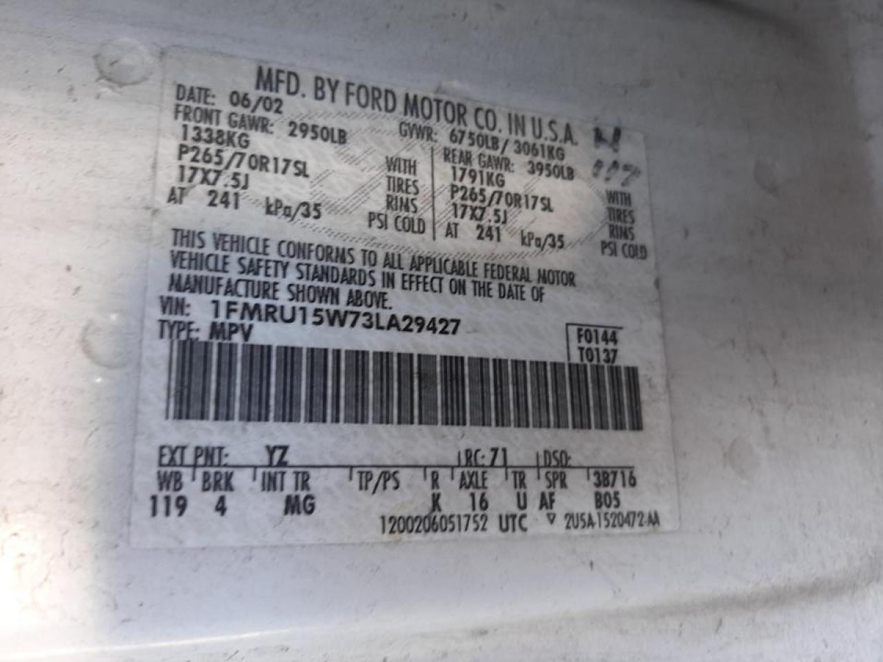 Photo 10 from auction – 2003 FORD EXPEDITION with VIN 1FMRU15W73LA29427