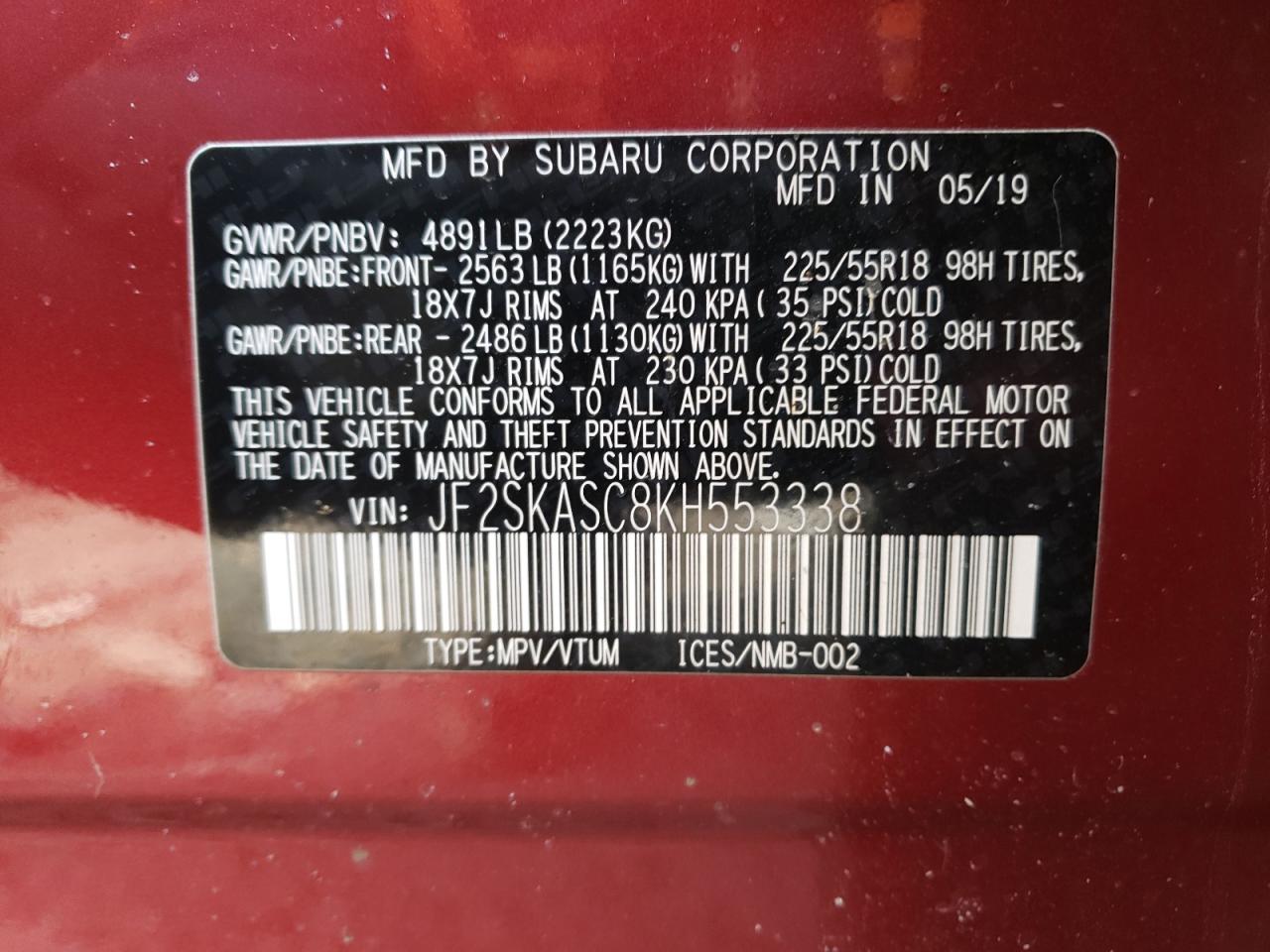 Photo 10 from auction – 2019 SUBARU FORESTER L with VIN JF2SKASC8KH553338
