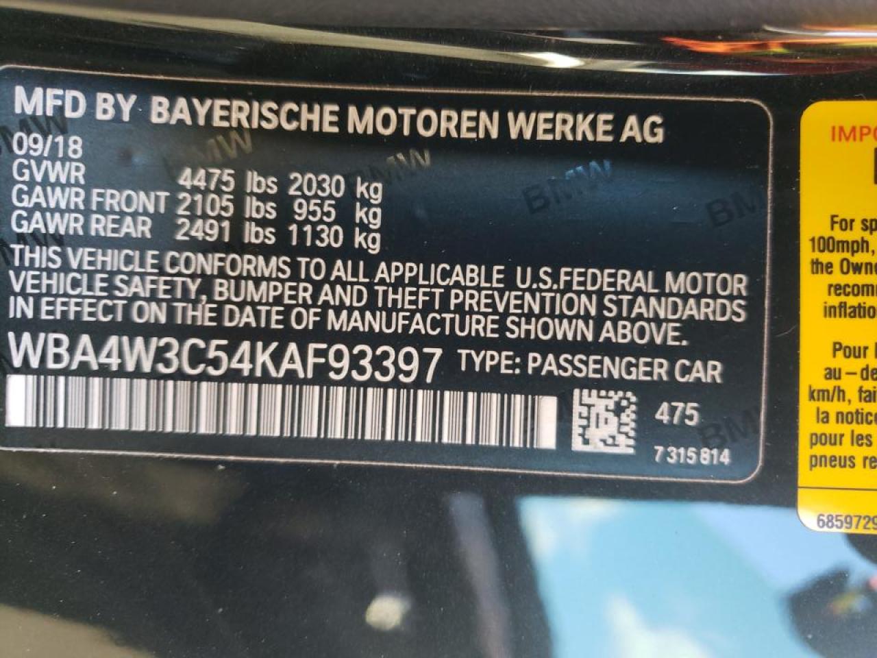 Photo 10 from auction – 2019 BMW 430I with VIN WBA4W3C54KAF93397