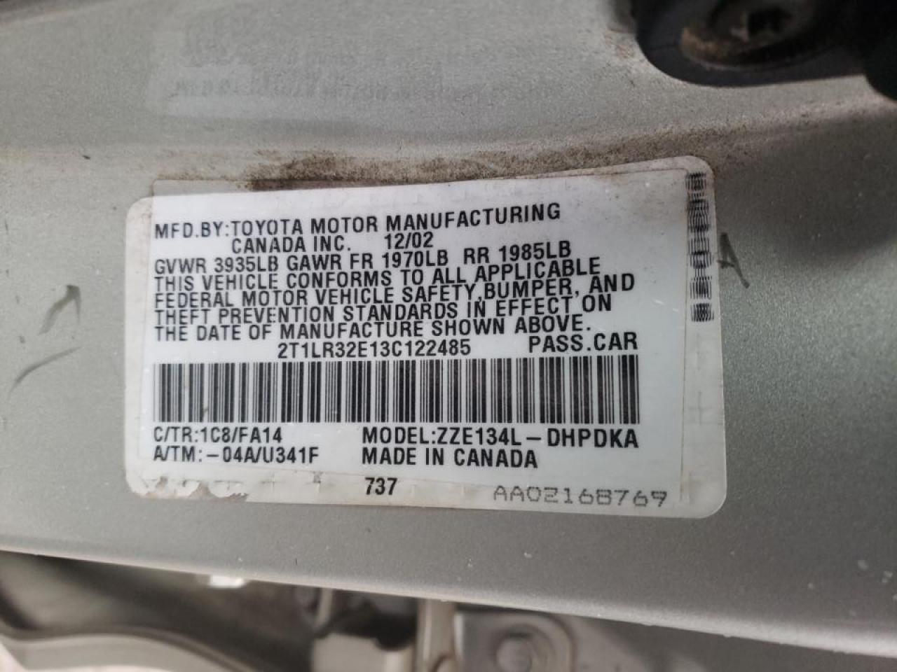Photo 10 from auction – 2003 TOYOTA COROLLA MA with VIN 2T1LR32E13C122485