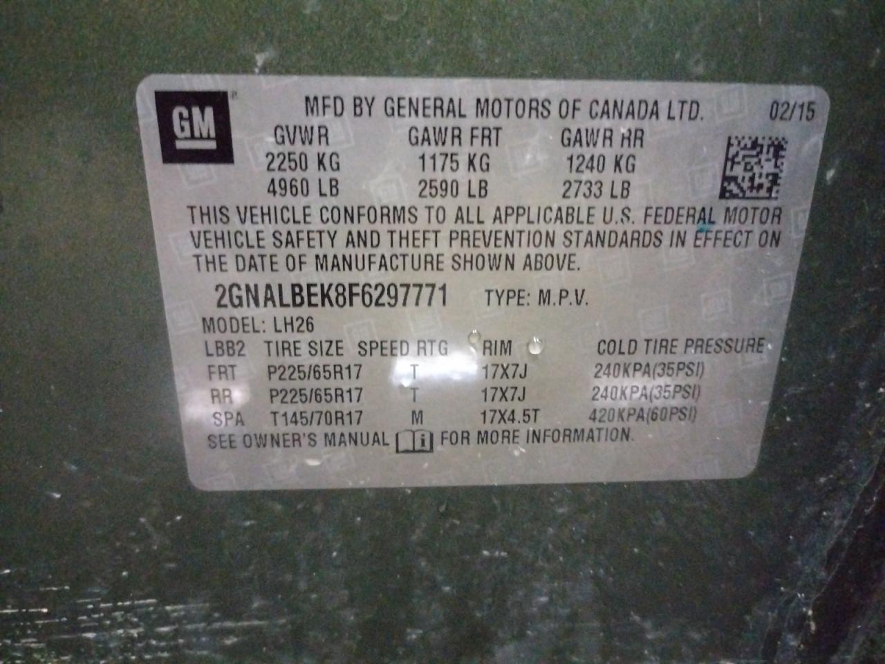 Photo 10 from auction – 2015 CHEVROLET EQUINOX LT with VIN 2GNALBEK8F6297771