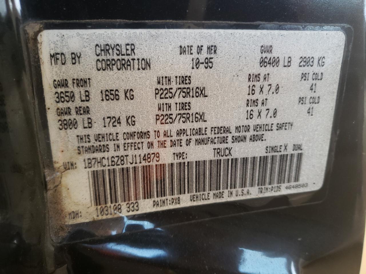Photo 10 from auction – 1996 DODGE RAM 1500 with VIN 1B7HC16Z8TJ114879
