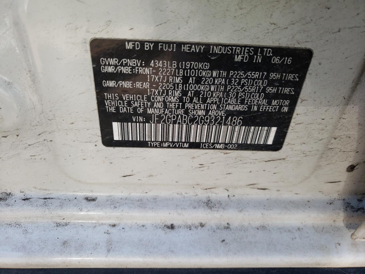 Photo 10 from auction – 2016 SUBARU CROSSTREK with VIN JF2GPABC2G9321486