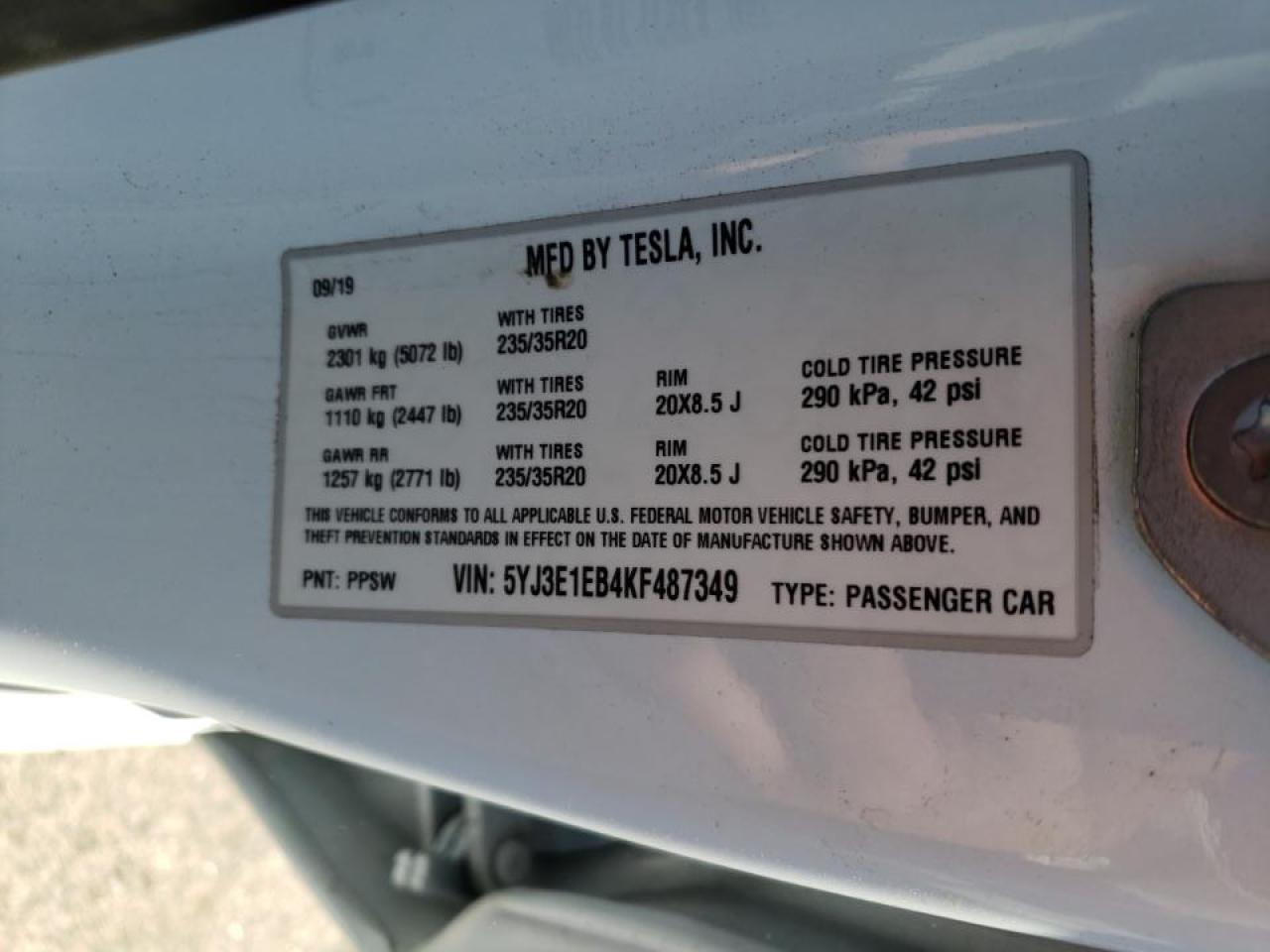 Photo 10 from auction – 2019 TESLA MODEL 3 with VIN 5YJ3E1EB4KF487349
