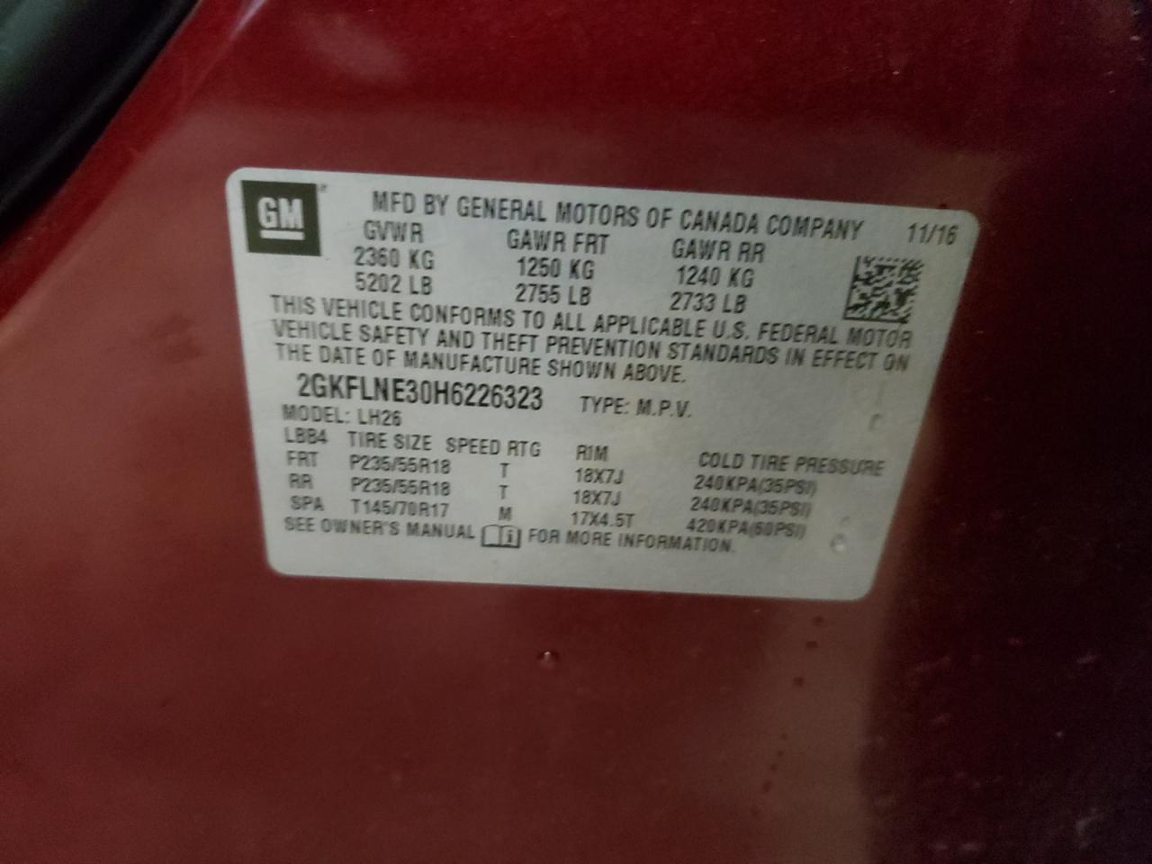 Photo 10 from auction – 2017 GMC TERRAIN SL with VIN 2GKFLNE30H6226323