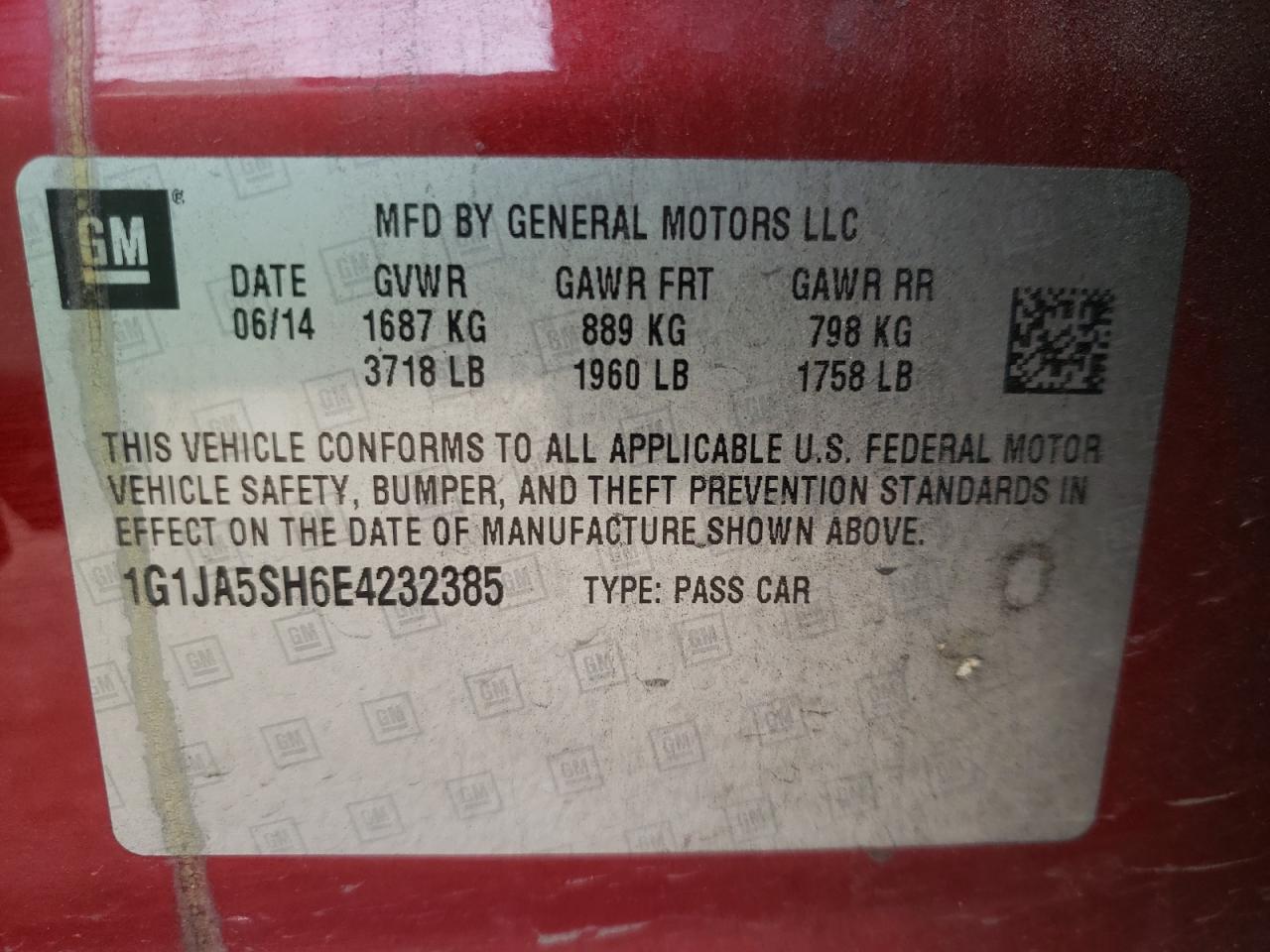 Photo 10 from auction – 2014 CHEVROLET SONIC LS with VIN 1G1JA5SH6E4232385