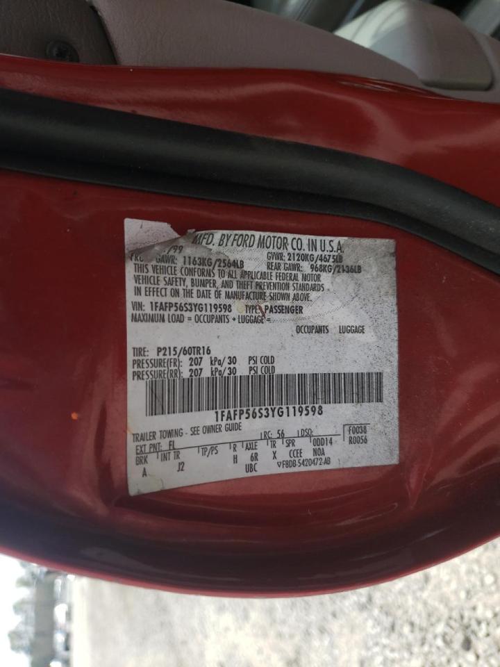 Photo 10 from auction – 2000 FORD TAURUS SEL with VIN 1FAFP56S3YG119598