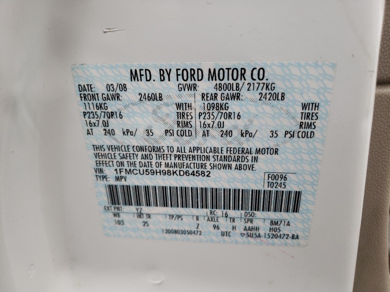 Photo 10 from auction – 2008 FORD ESCAPE HEV with VIN 1FMCU59H98KD64582