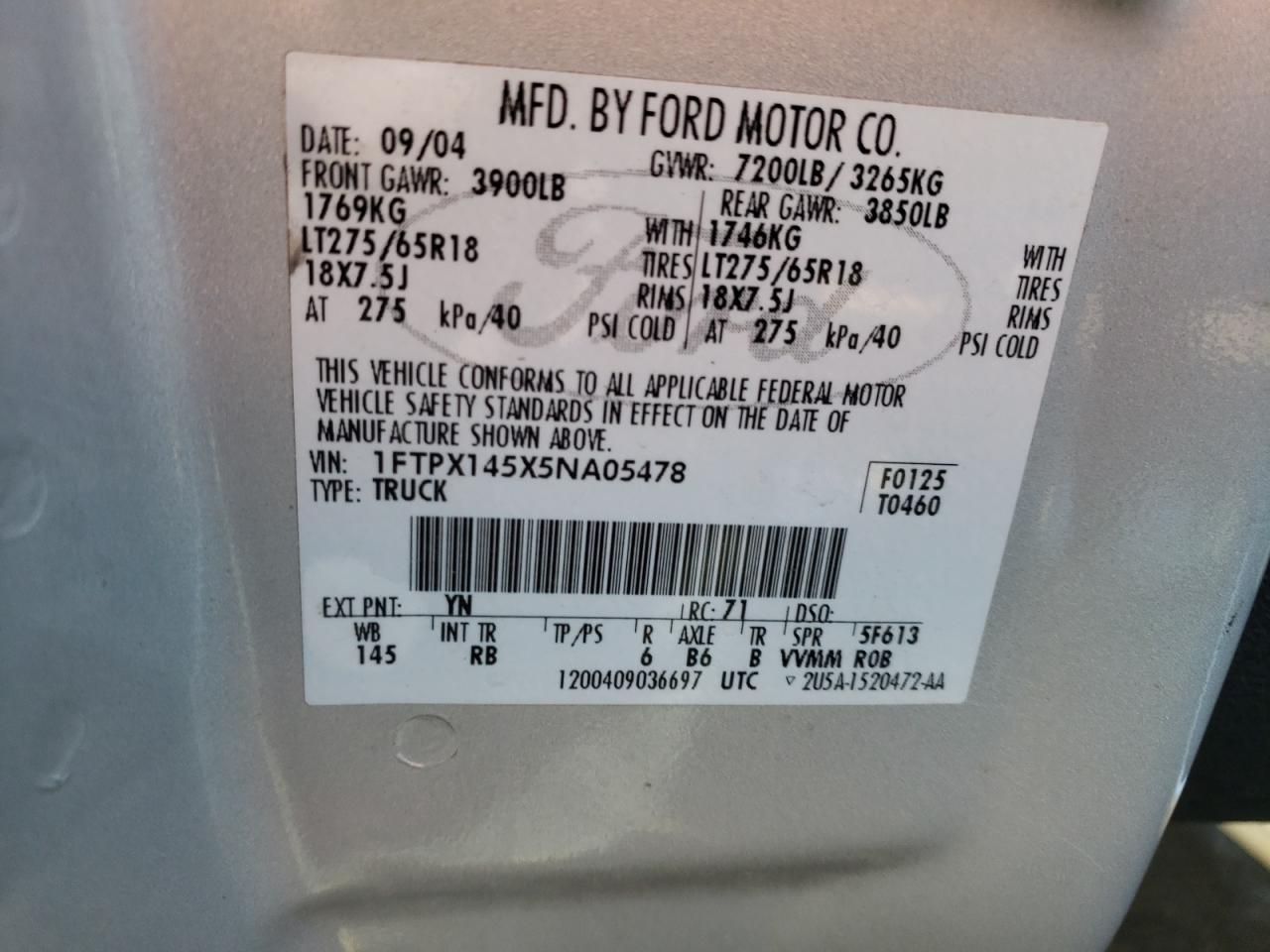 Photo 10 from auction – 2005 FORD F150 with VIN 1FTPX145X5NA05478