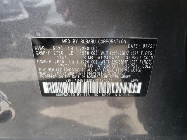 Photo 10 from auction – 2022 SUBARU OUTBACK WI with VIN 4S4BTGUD3N3121077