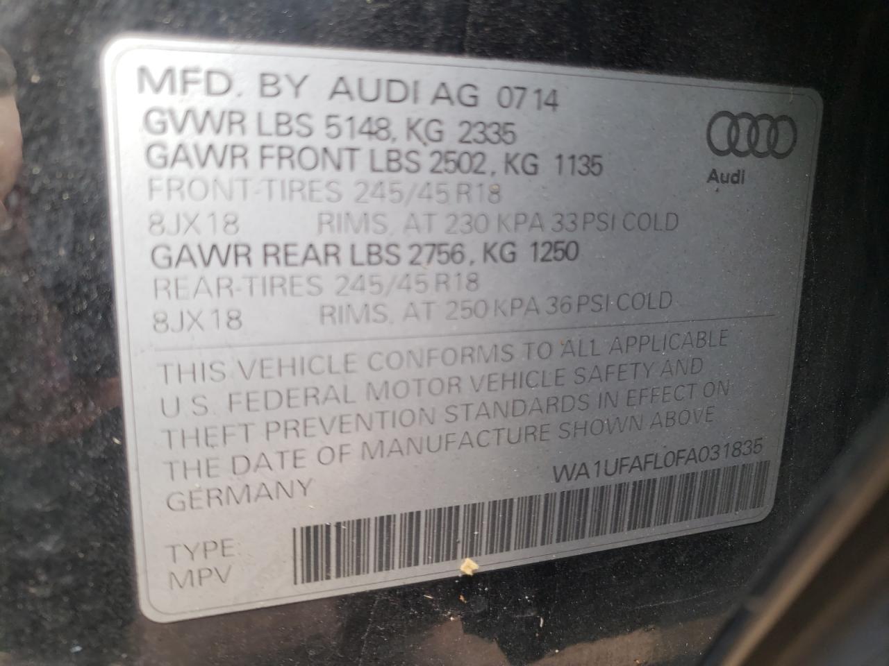 Photo 10 from auction – 2015 AUDI A4 ALLROAD with VIN WA1UFAFL0FA031835