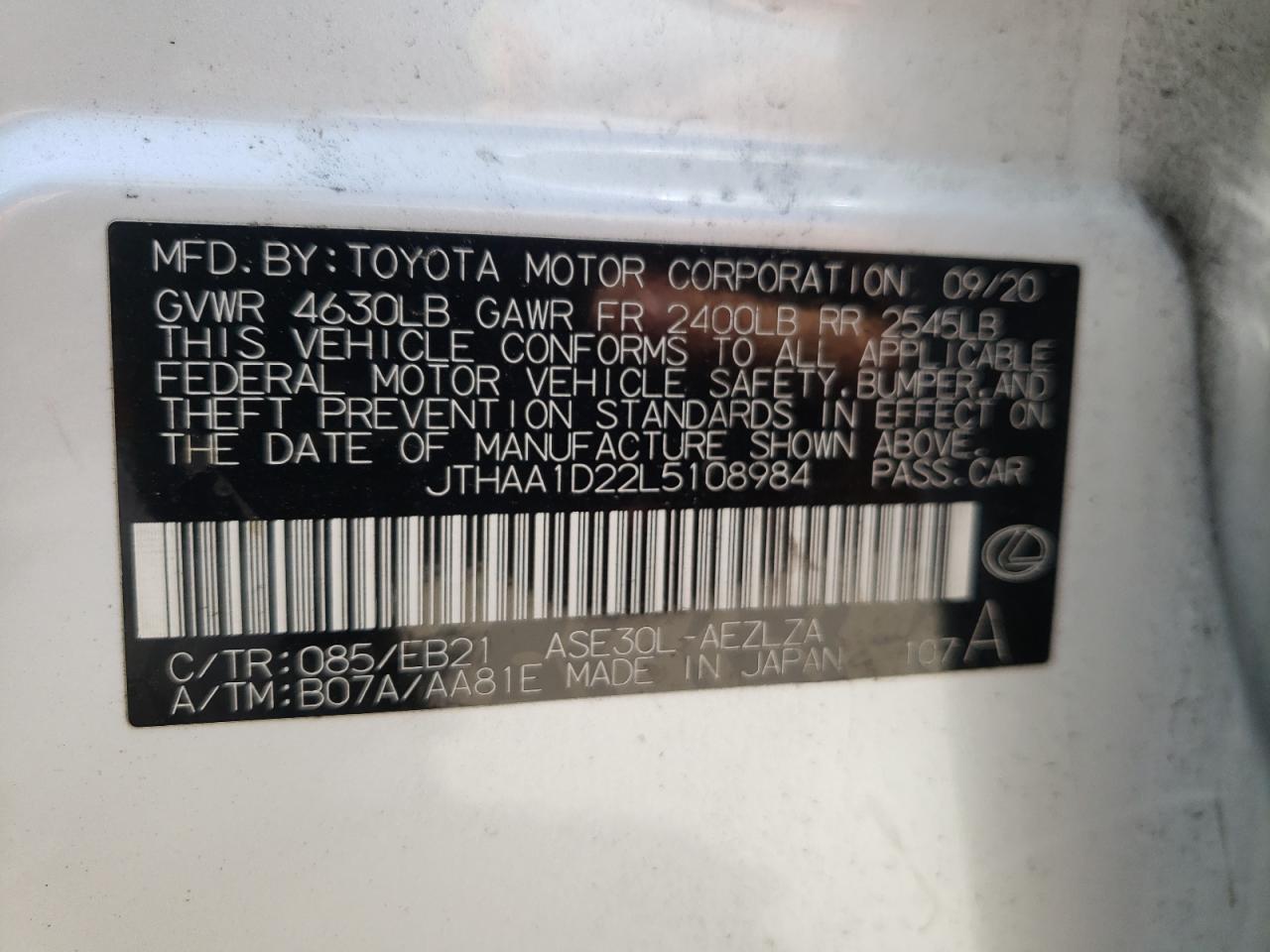 Photo 10 from auction – 2020 LEXUS IS 300 with VIN JTHAA1D22L5108984