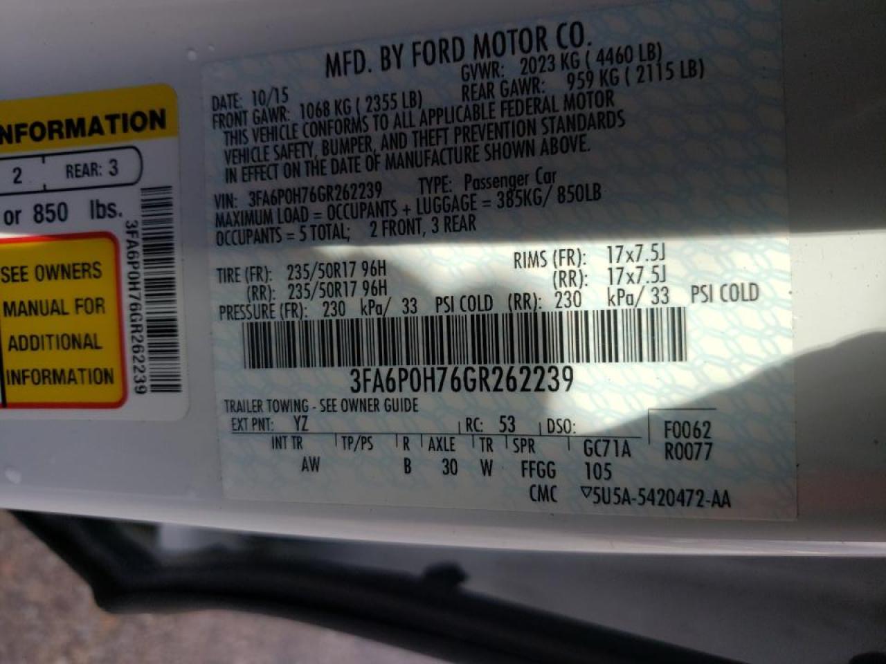 Photo 20 from auction – 2016 FORD FUSION SE with VIN 3FA6P0H76GR262239