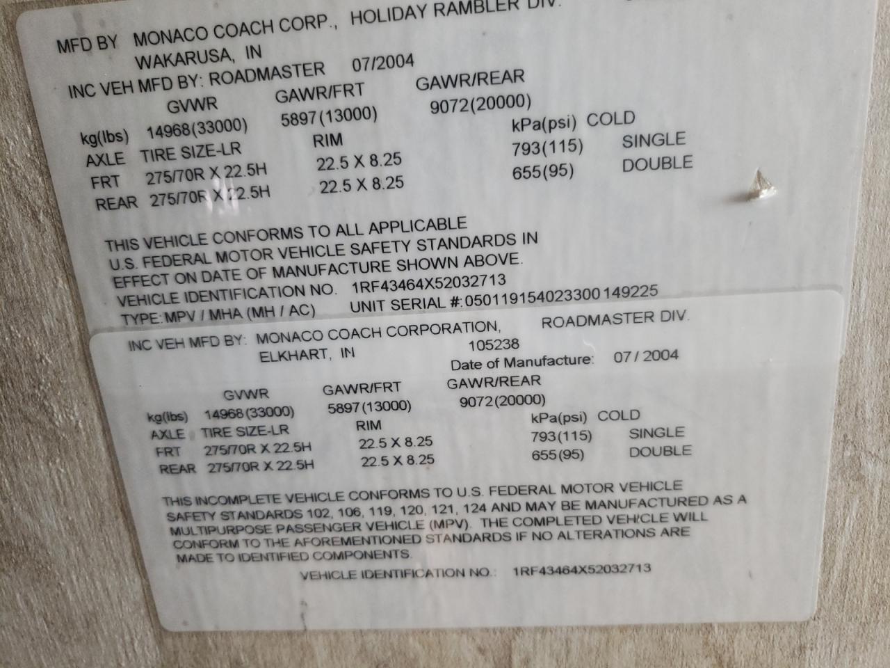 Photo 10 from auction – 2005 ROADMASTER RAIL MONOCOQUE with VIN 1RF43464X52032713