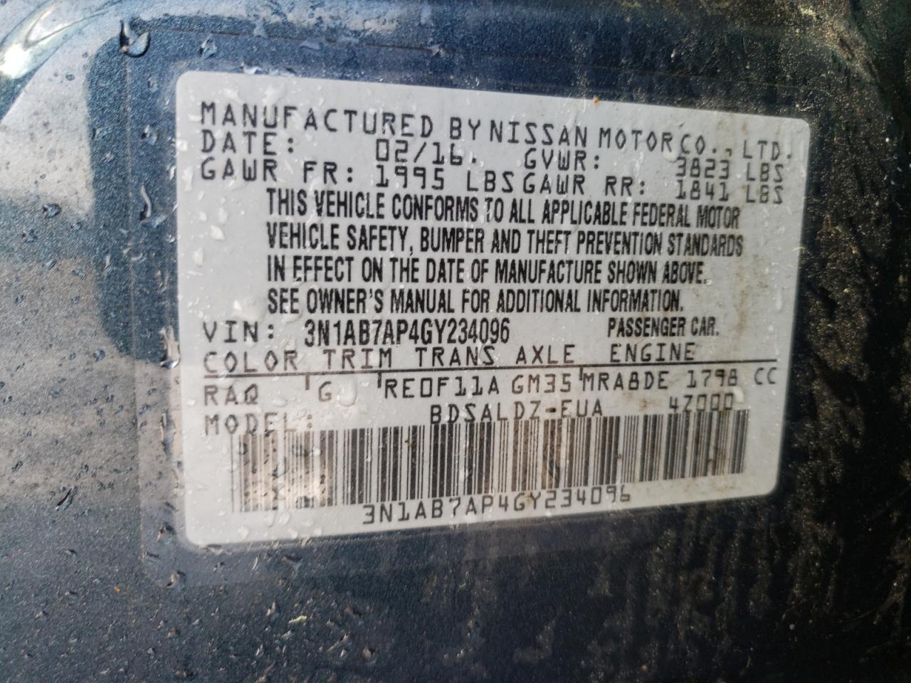 Photo 10 from auction – 2016 NISSAN SENTRA S with VIN 3N1AB7AP4GY234096
