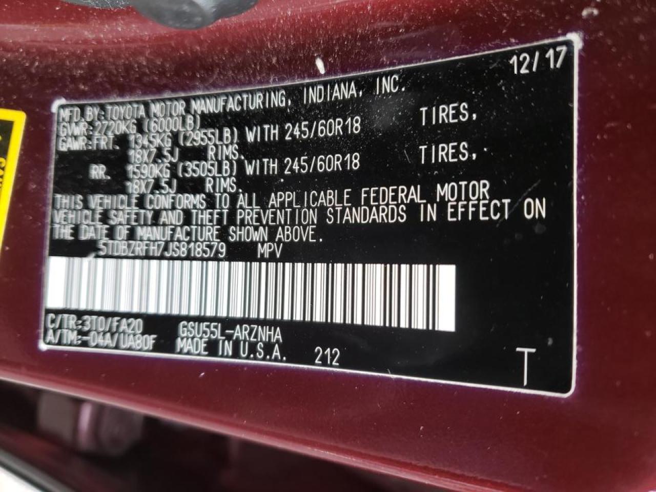 Photo 10 from auction – 2018 TOYOTA HIGHLANDER with VIN 5TDBZRFH7JS818579