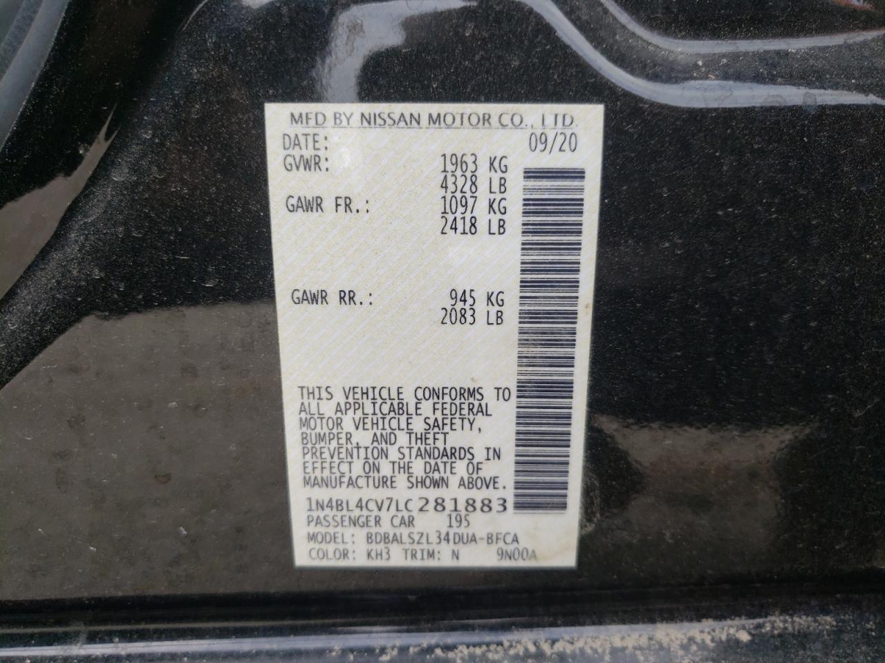 Photo 10 from auction – 2020 NISSAN ALTIMA SR with VIN 1N4BL4CV7LC281883