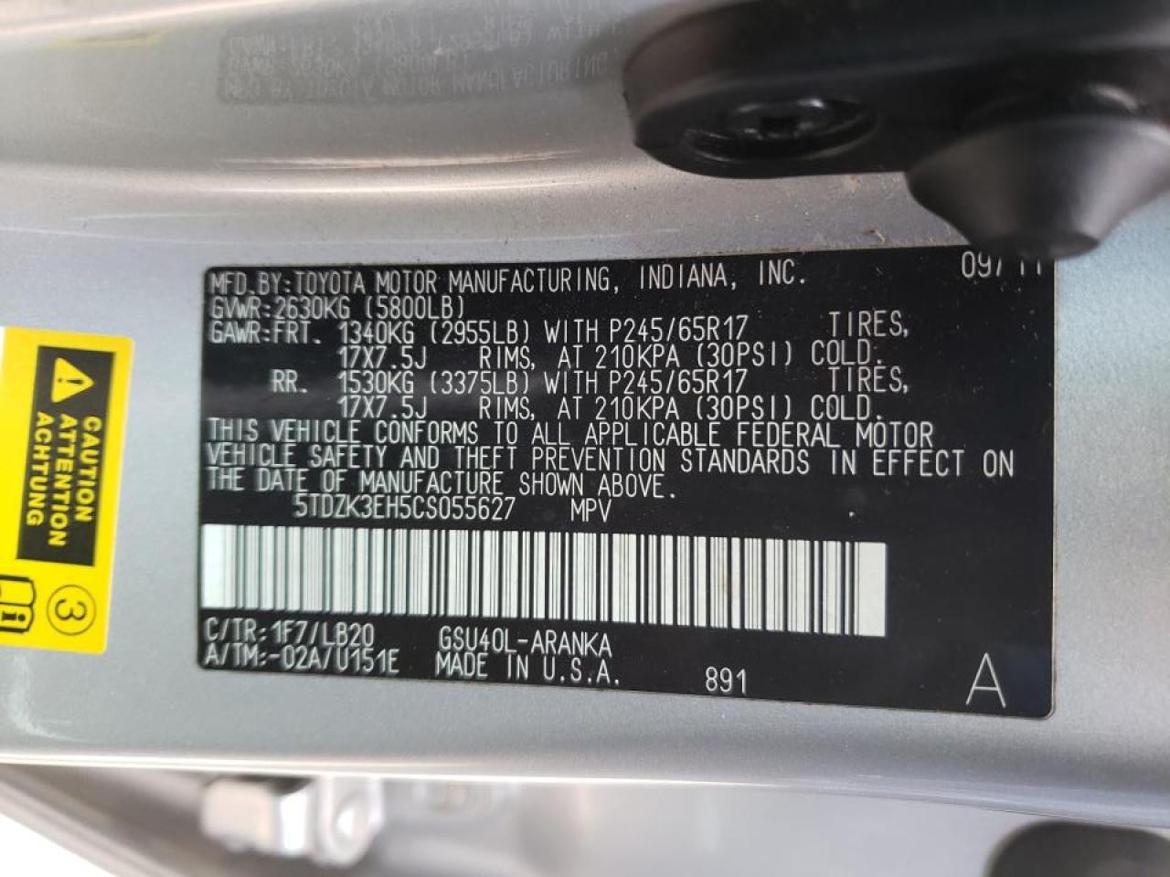 Foto 10 de la subasta – 2012 TOYOTA HIGHLANDER con VIN 5TDZK3EH5CS055627