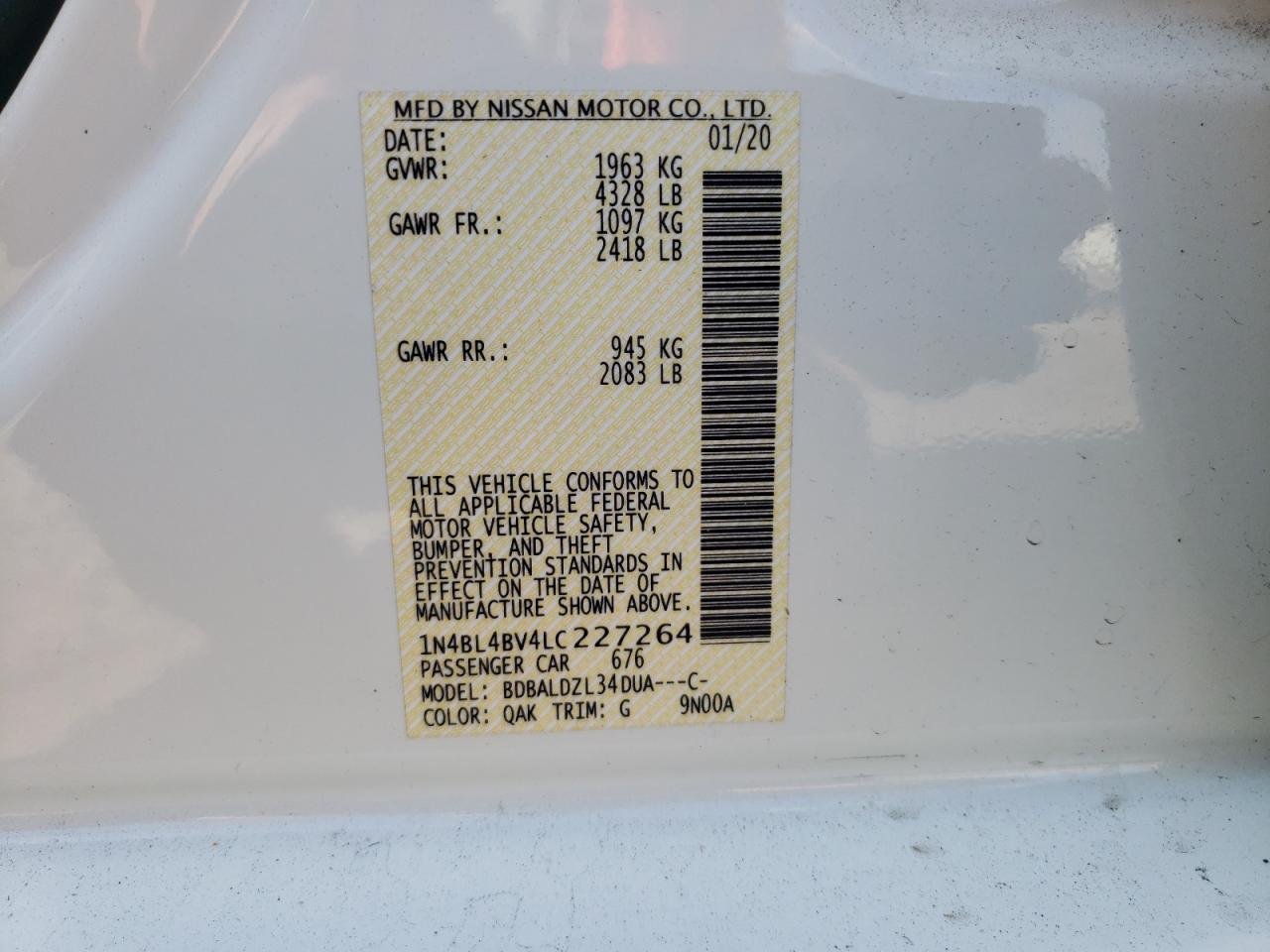 Photo 10 from auction – 2020 NISSAN ALTIMA S with VIN 1N4BL4BV4LC227264