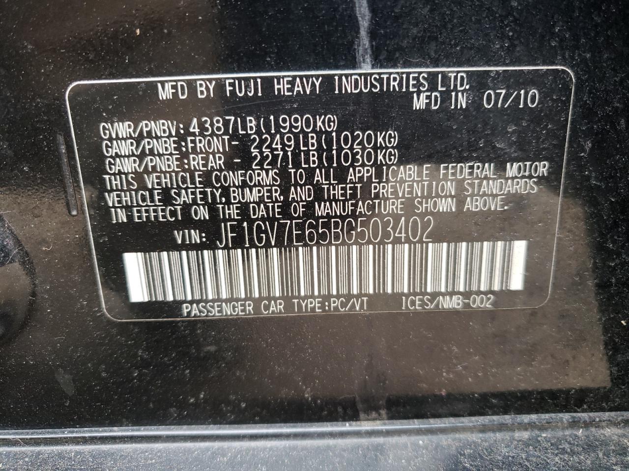 Photo 10 from auction – 2011 SUBARU IMPREZA WR with VIN JF1GV7E65BG503402